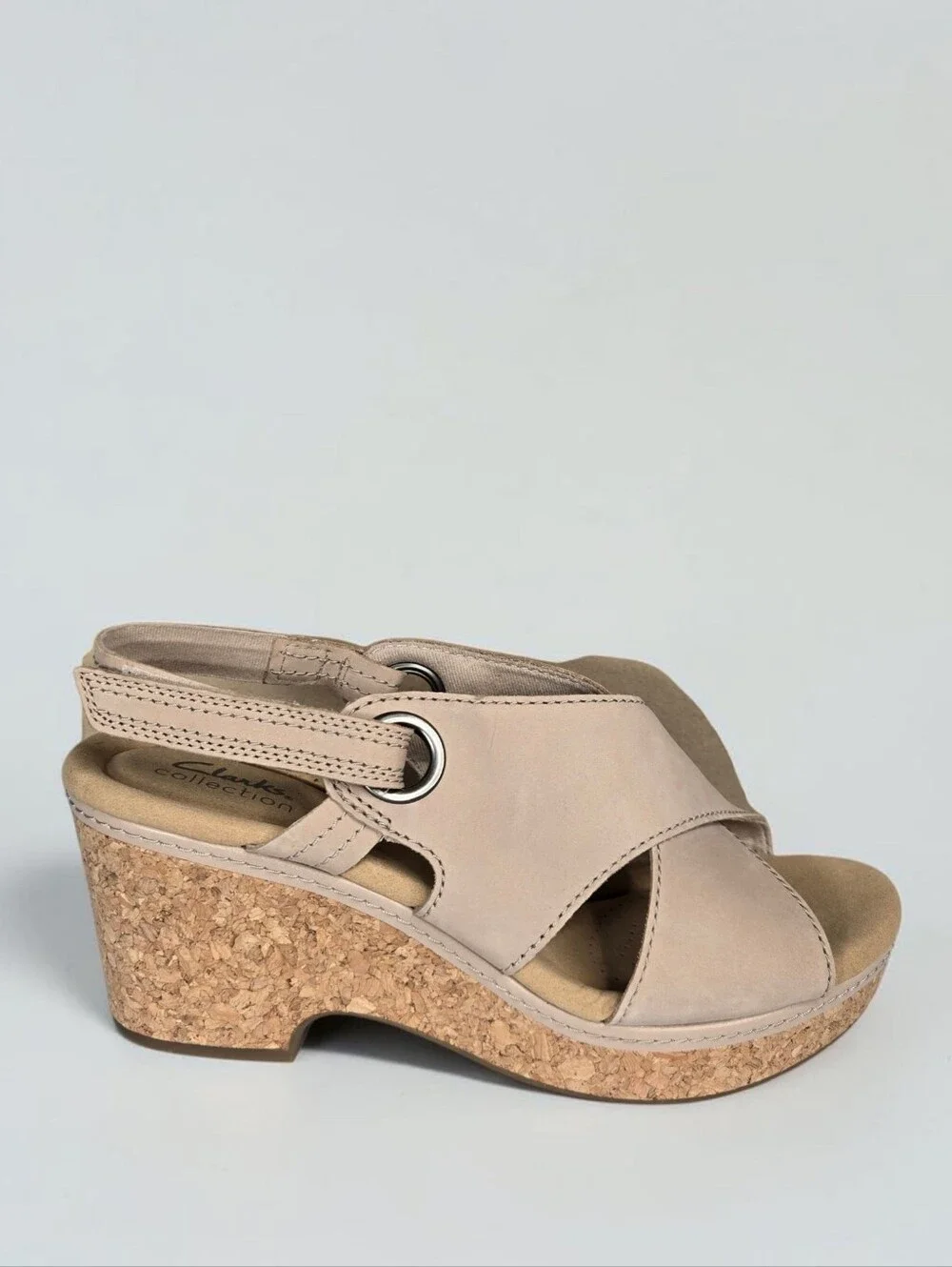 Clarks Giselle Loop Wedge Sandal Size 9 Khaki Sand Nubuck Slingback Cork